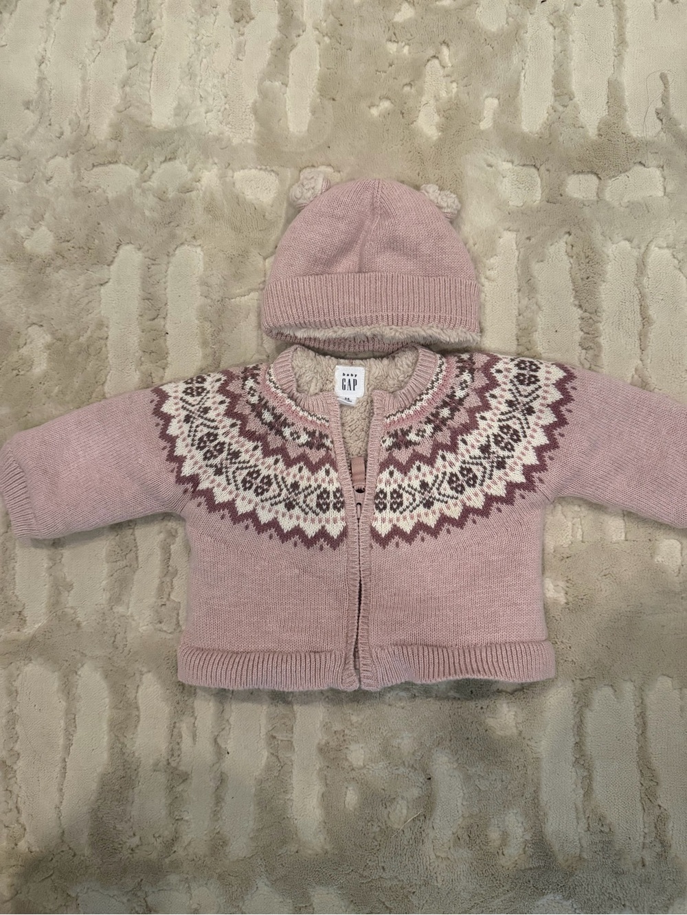 GAP Baby Pink Fair Isle Knit Sweater and Bear-Ear Hat Set